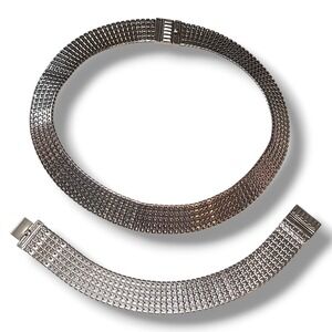 Vintage Silver Tone Mesh Chain Necklace Bracelet Set Wide Flat Collar 16" & 7"